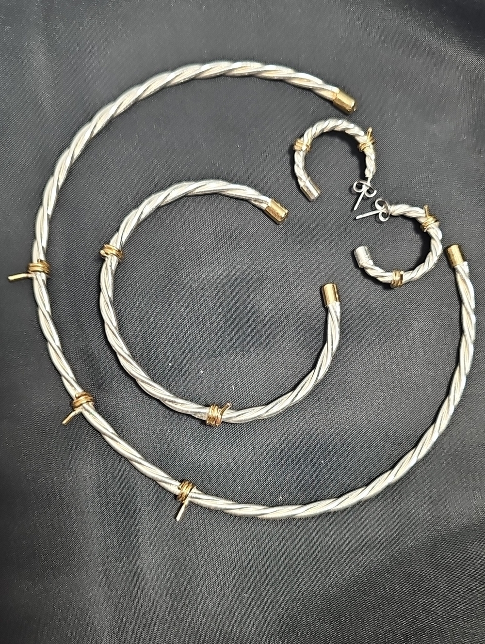 Two-Tone Twisted Cable Necklace, Bracelet and Hoop Earrings Set